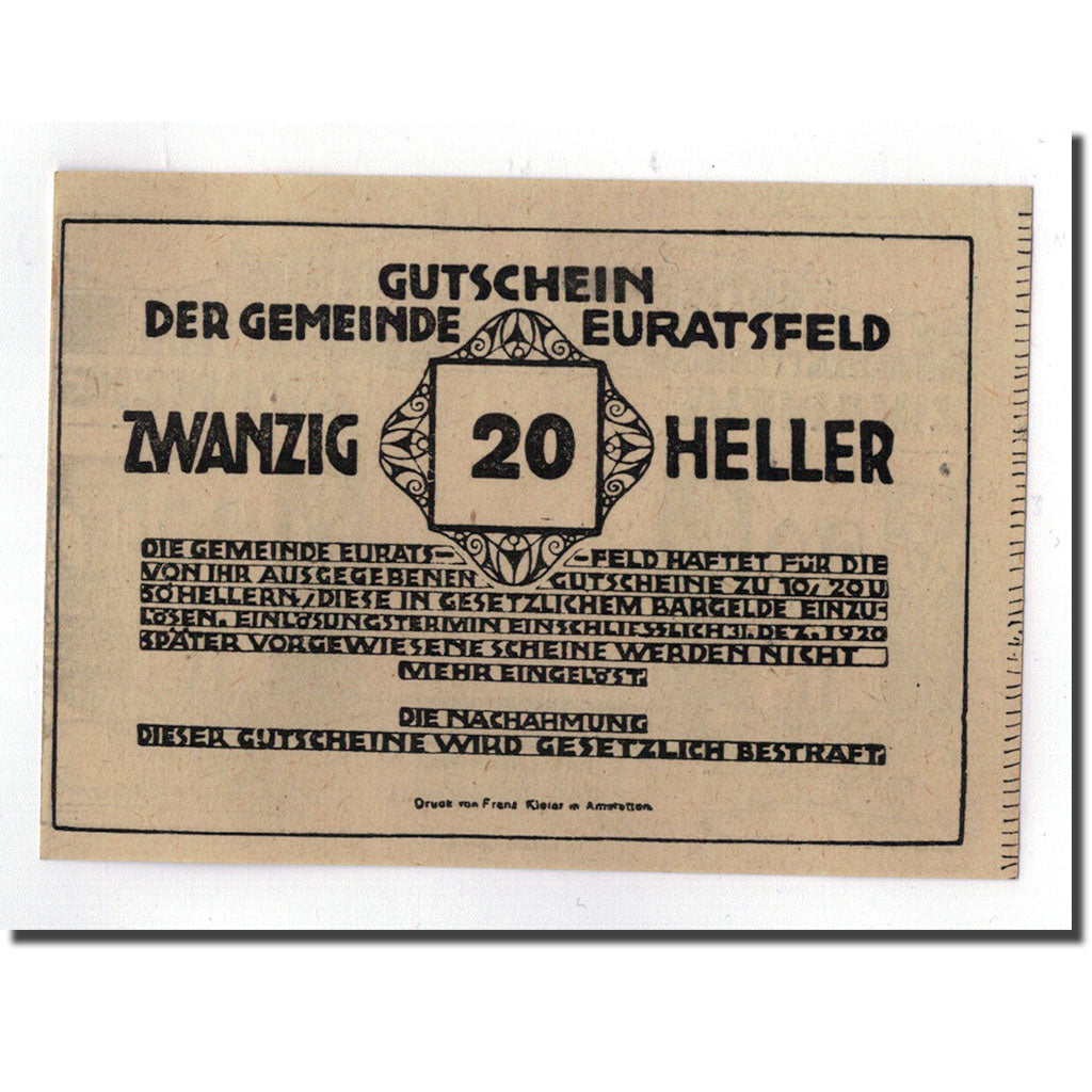 Geldschein, Österreich, Euratsfeld, 20 Heller, paysage, 1920, 1920-12-31, UNZ-