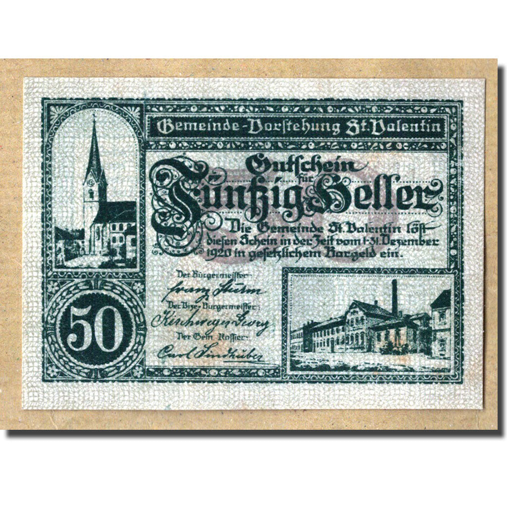 Banknote, Austria, St Valentin, 50 Heller, Eglise, 1920, 1920-02-14, UNC(63)