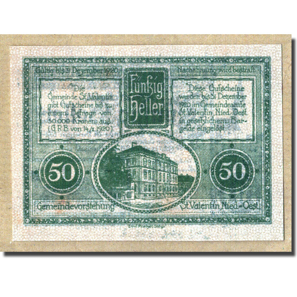 Banknote, Austria, St Valentin, 50 Heller, Eglise, 1920, 1920-02-14, UNC(63)