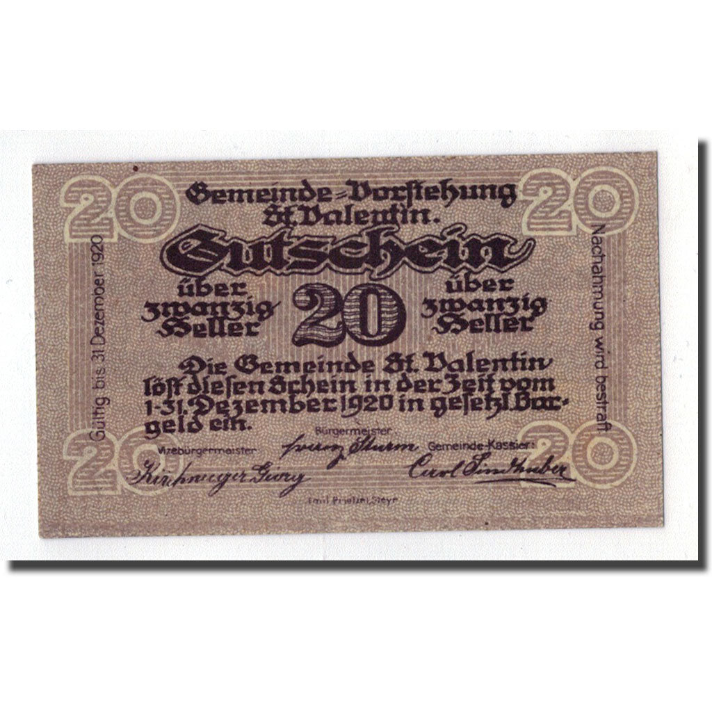 Banknote, Austria, St Valentin, 20 Heller, manoir, 1920, 1920-02-14, UNC(63)