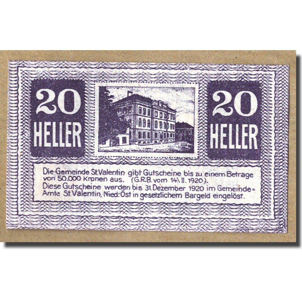 Banknote, Austria, St Valentin, 20 Heller, manoir, 1920, 1920-02-14, UNC(63)