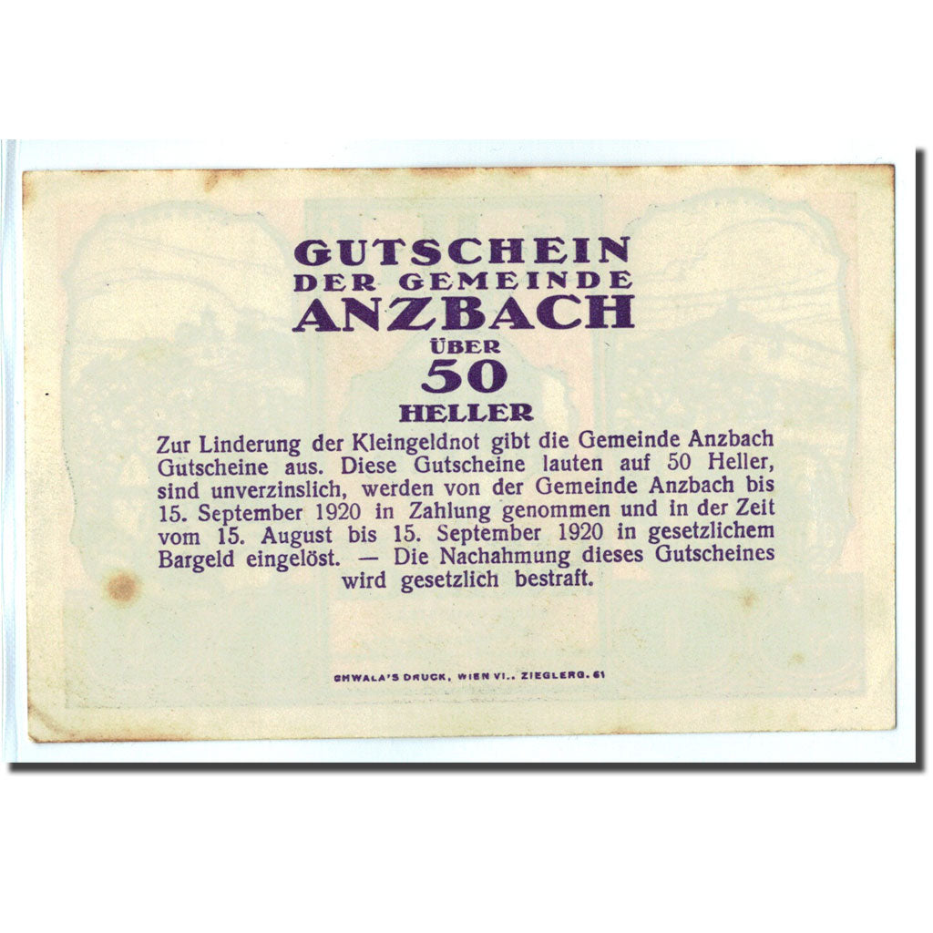 Geldschein, Österreich, Anzbach, 50 Heller, paysage, 1920, 1920-09-15, UNZ-