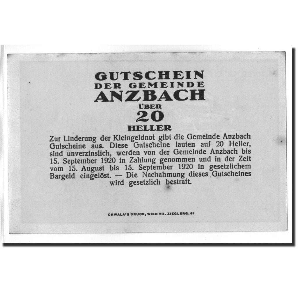 Banknote, Austria, Anzbach, 20 Heller, paysage, 1920, 1920-09-15, UNC(63)