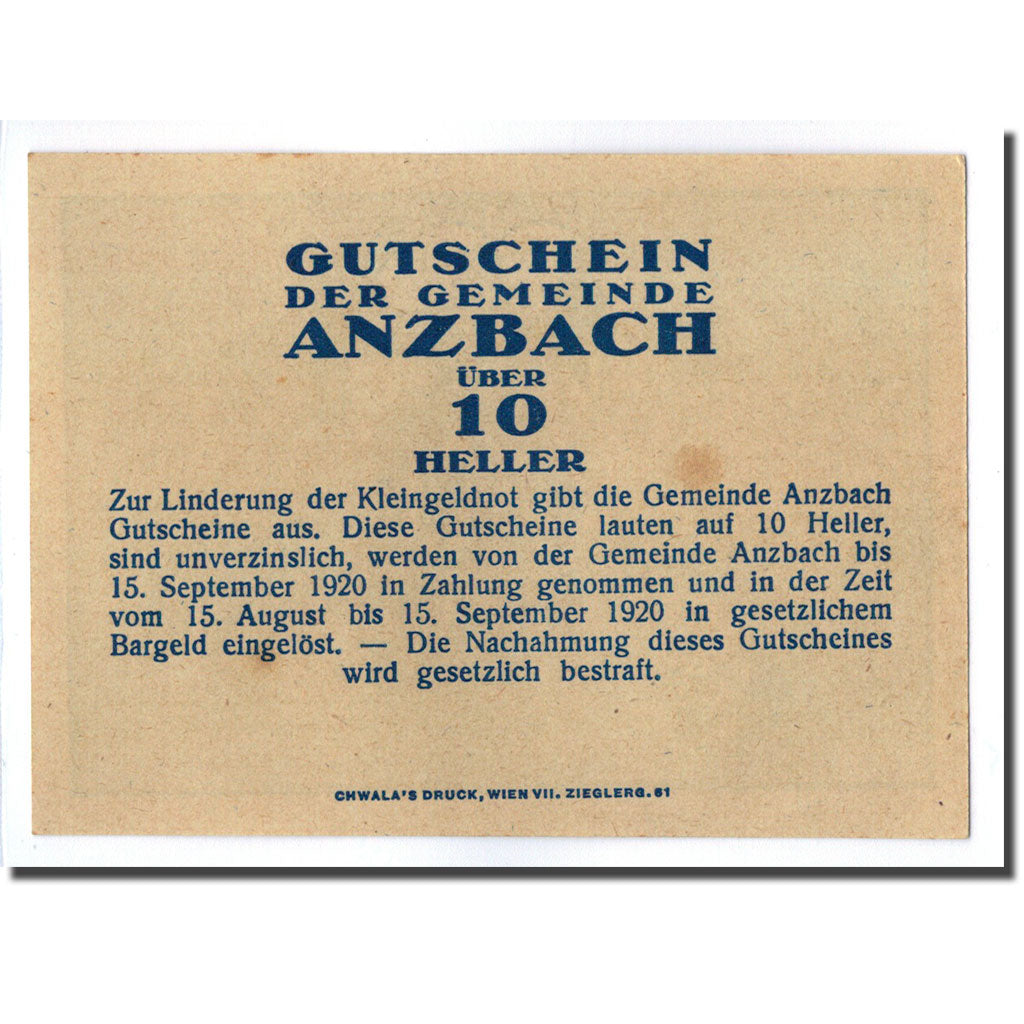 Geldschein, Österreich, Anzbach, 10 Heller, Eglise, 1920, 1920-09-15, UNZ-