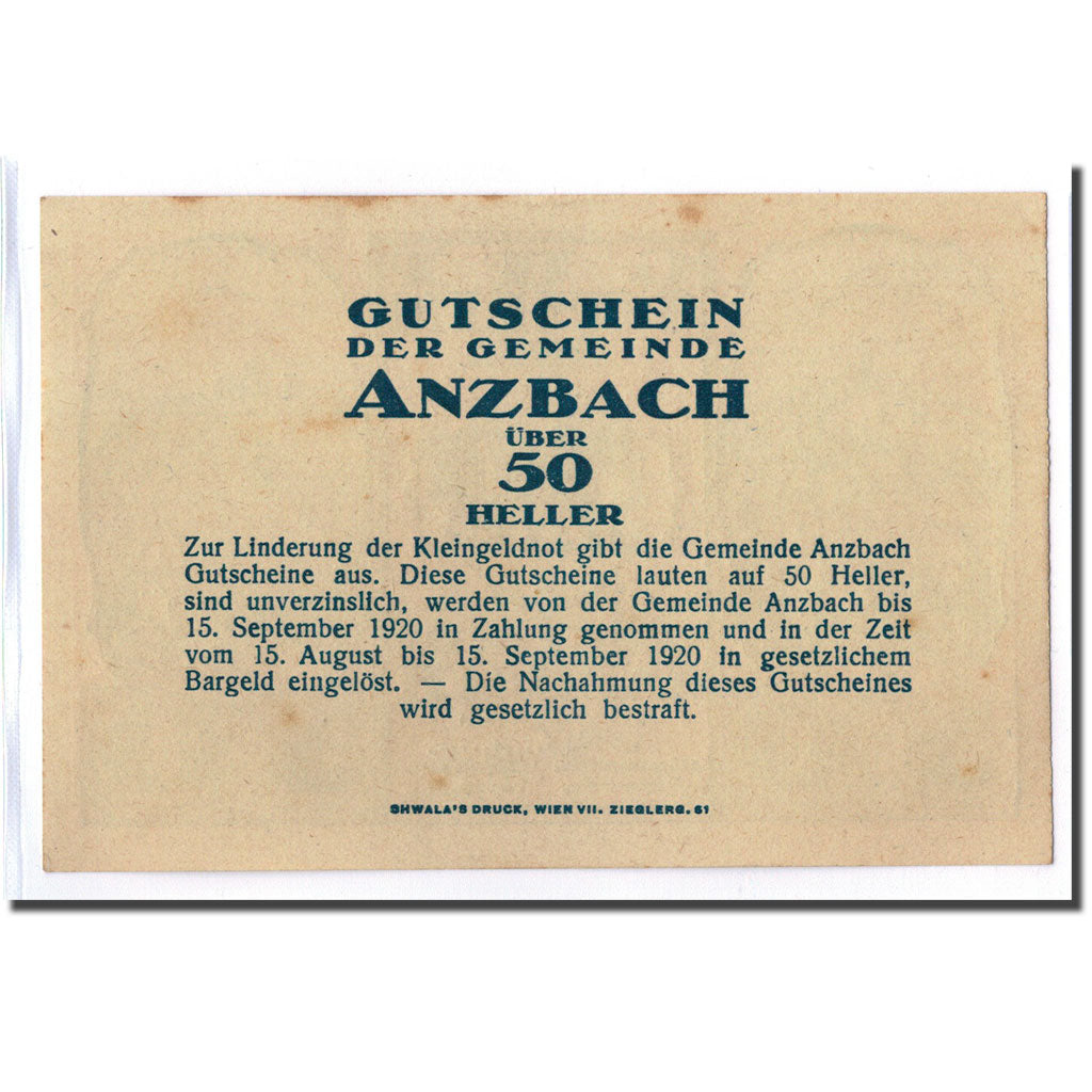 Geldschein, Österreich, Anzbach, 50 Heller, paysage 1, 1920, 1920-09-15, UNZ-
