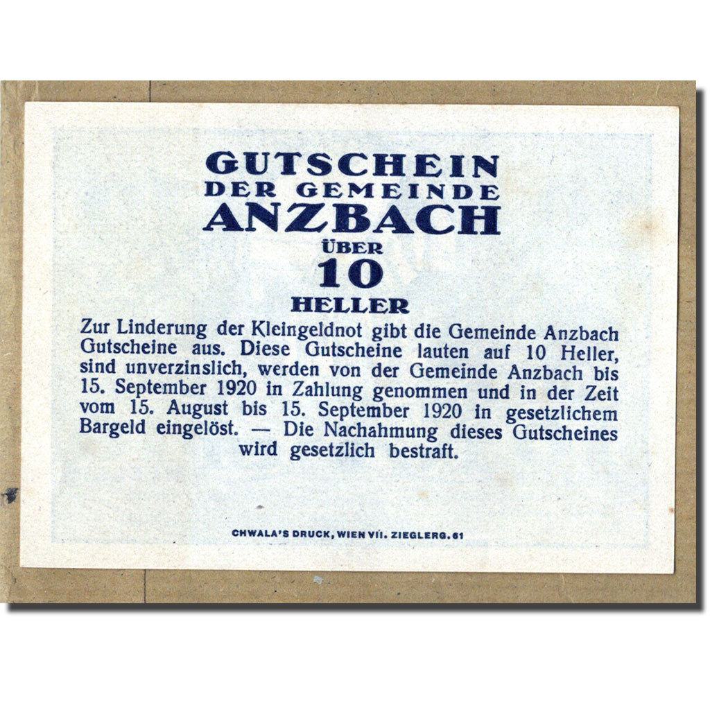 Geldschein, Österreich, Anzbach, 10 Heller, Eglise 1, 1920, 1920-09-15, UNZ-