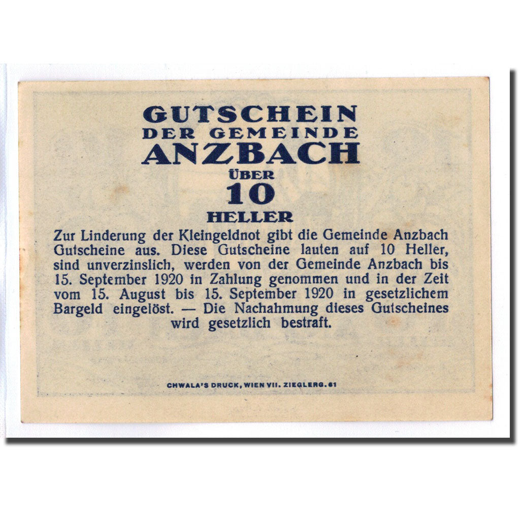 Geldschein, Österreich, Anzbach, 10 Heller, eglise 2, 1920, 1920-09-15, UNZ-