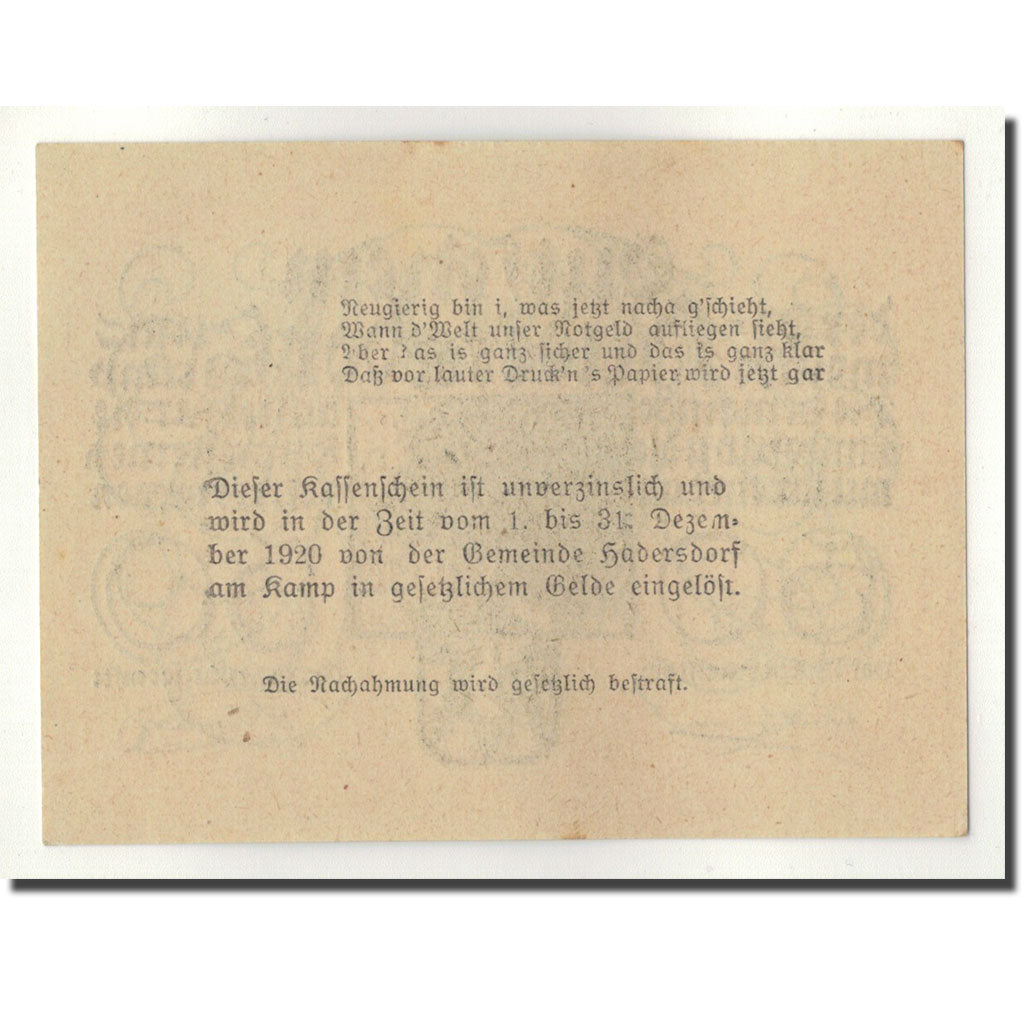 Geldschein, Österreich, Hardersdorf, 50 Heller, paysage, 1920, 1920-12-31