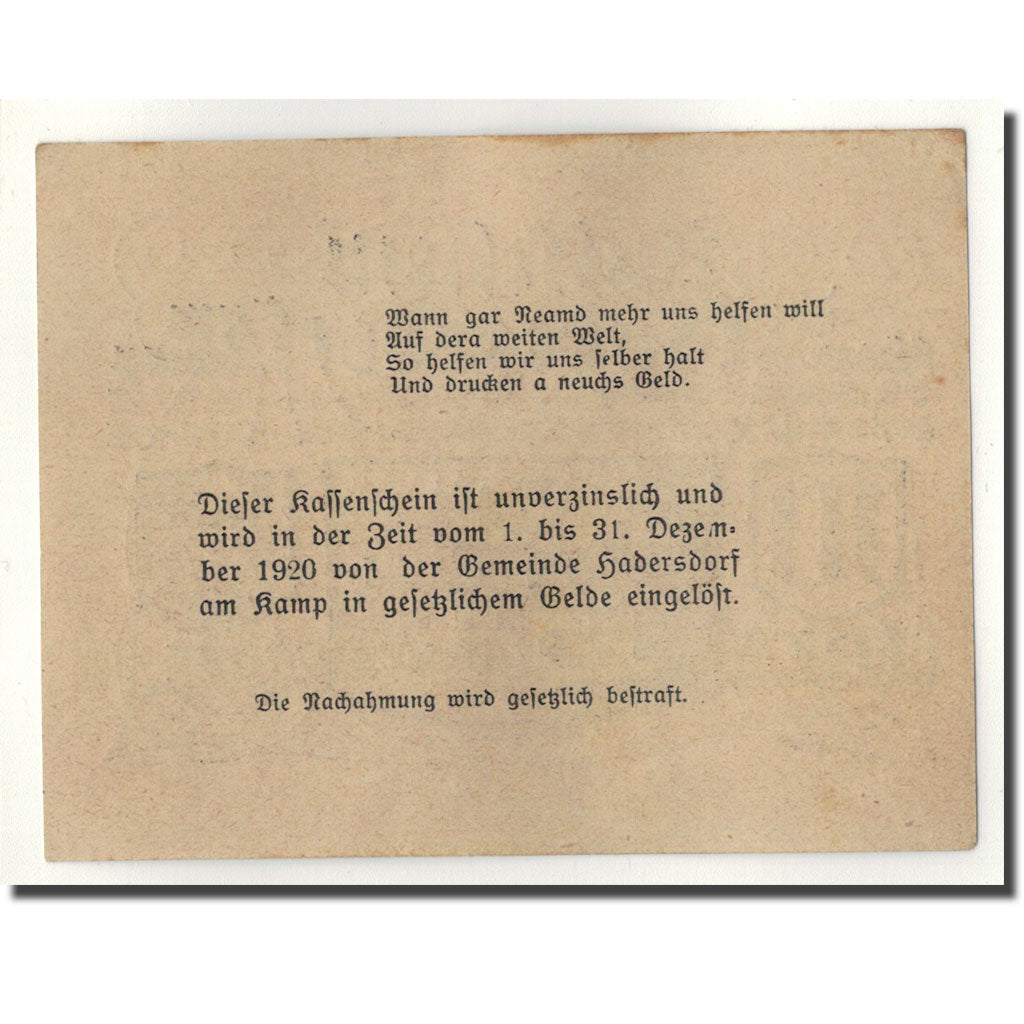 Geldschein, Österreich, Hardersdorf, 10 Heller, paysage, 1920, 1920-12-31