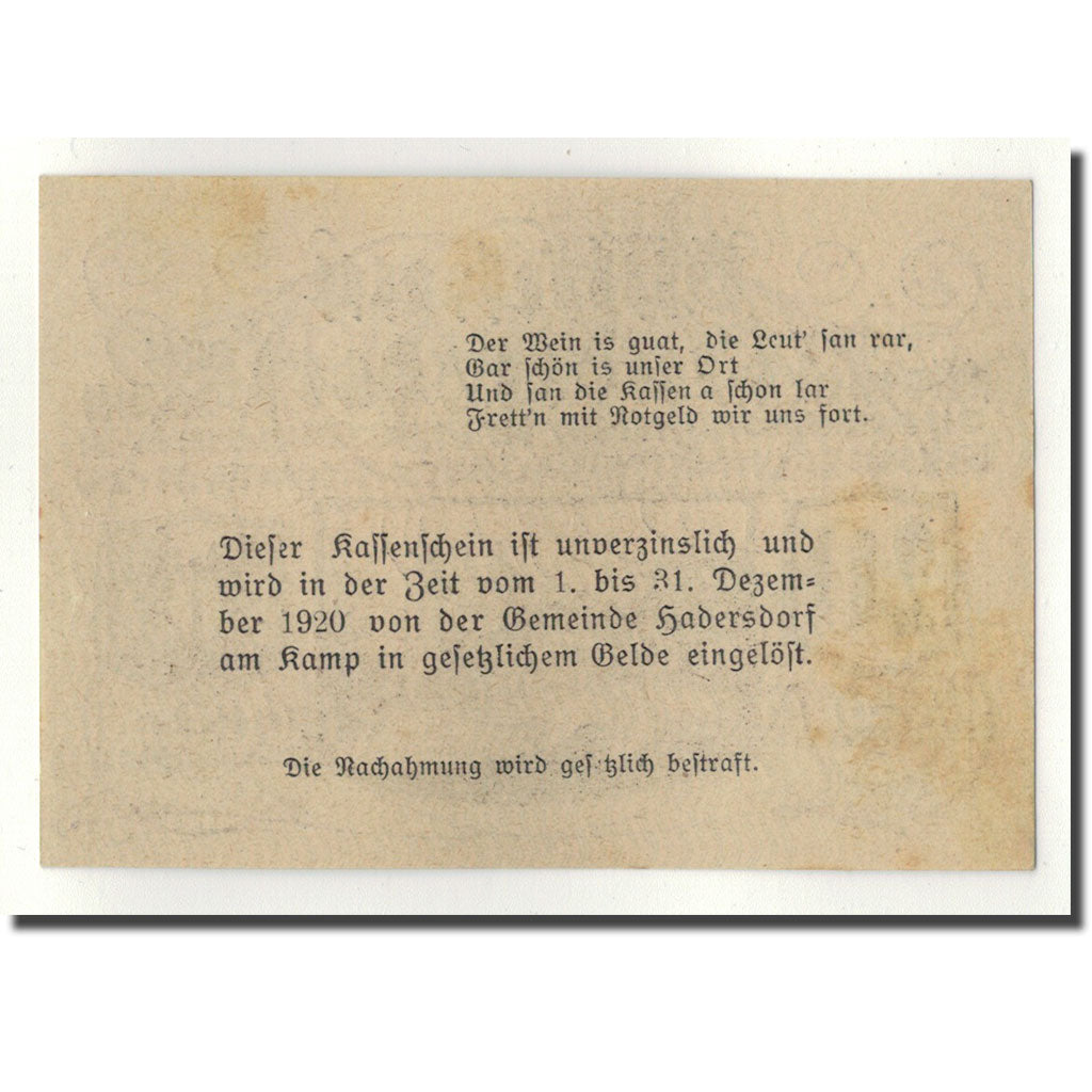 Geldschein, Österreich, Hardersdorf, 20 Heller, paysage, 1920, 1920-12-31