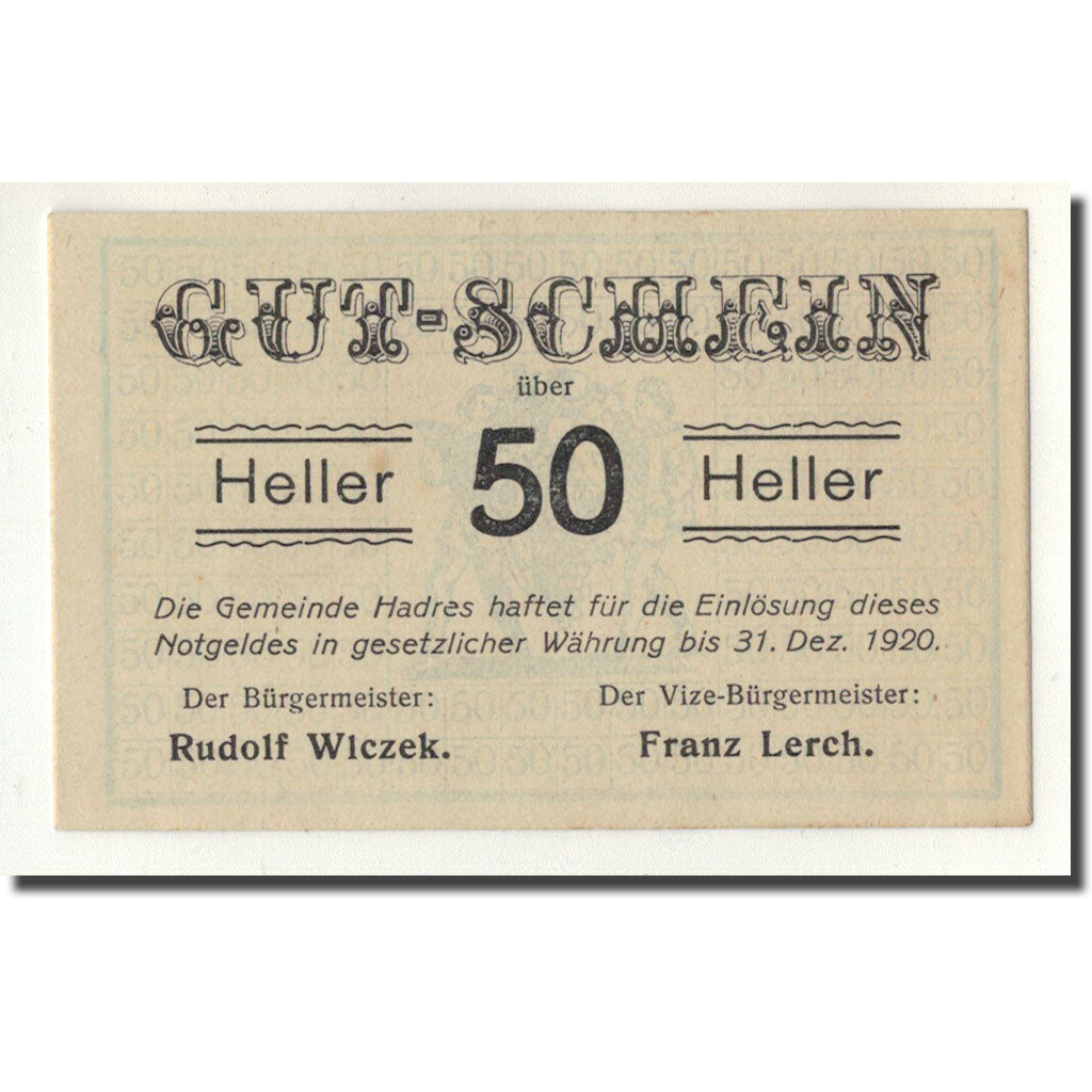 Geldschein, Österreich, Hadres, 50 Heller, graphique, 1920, 1920-12-31, UNZ-
