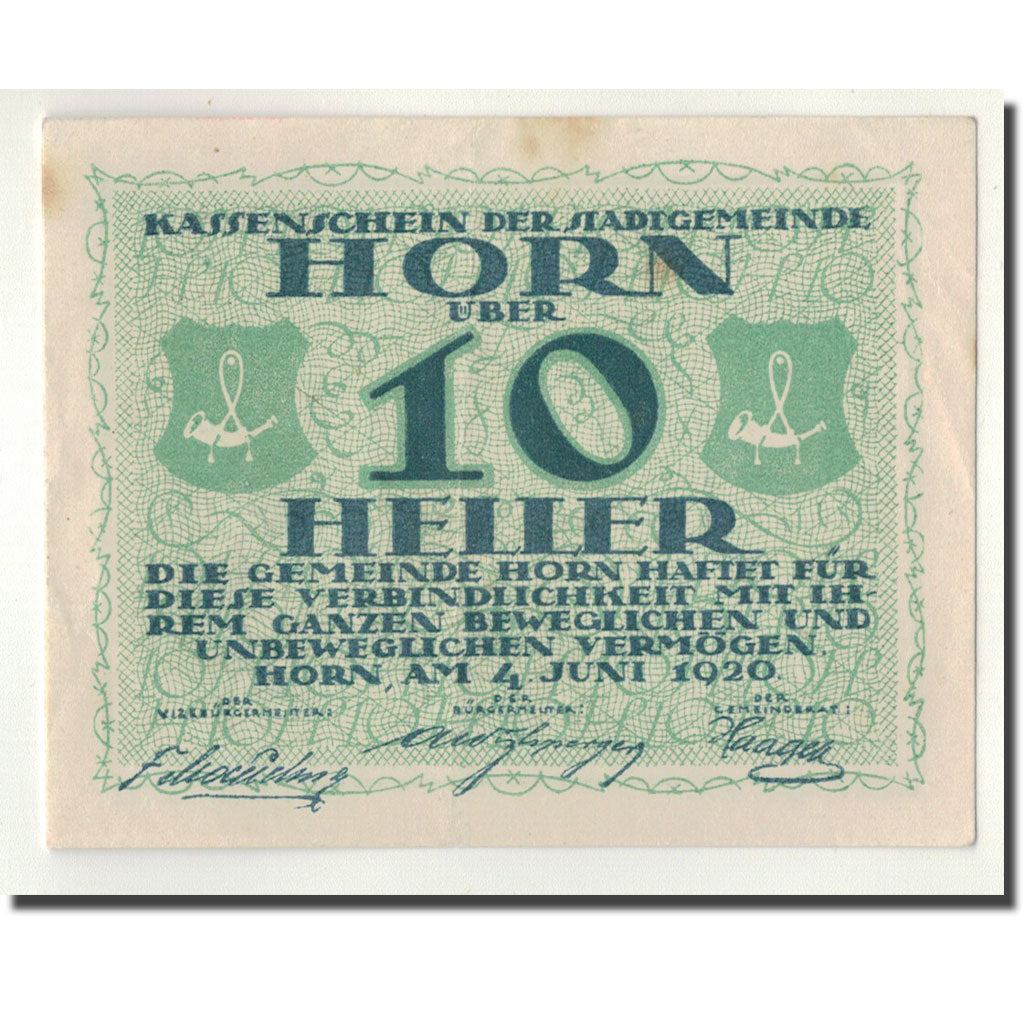 Geldschein, Österreich, Horn, 10 Heller, Ecusson, 1920, 1920-06-04, UNZ-
