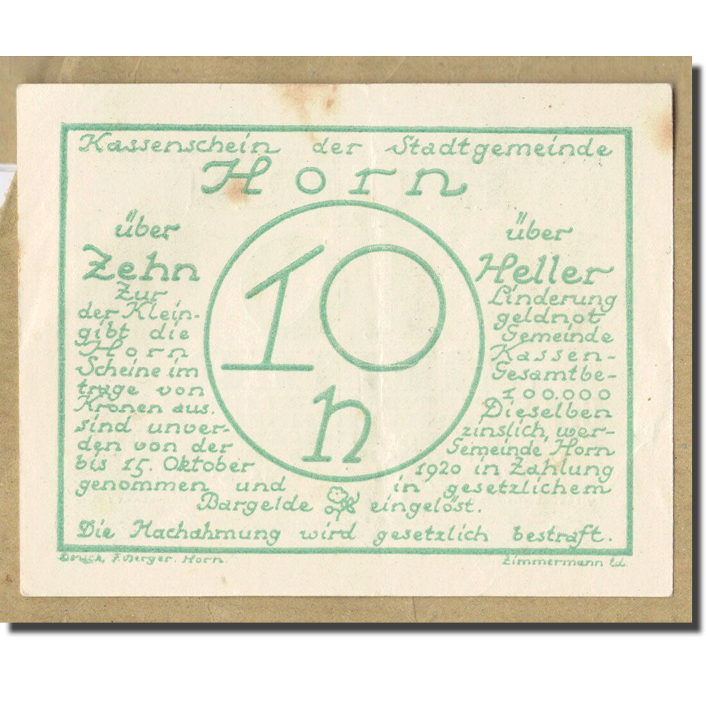 Geldschein, Österreich, Horn, 10 Heller, Ecusson, 1920, 1920-06-04, UNZ-
