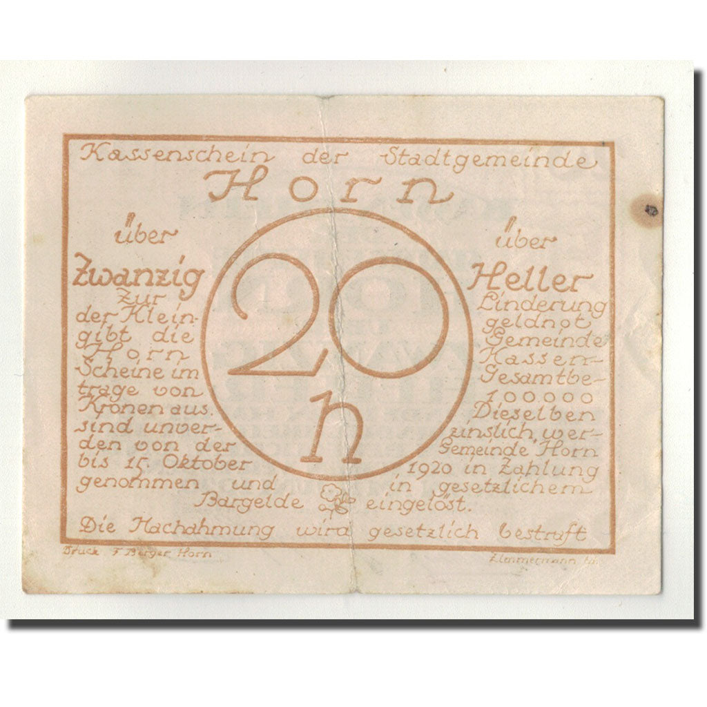 Geldschein, Österreich, Horn, 20 Heller, paysage, 1920, 1920-06-04, UNZ-