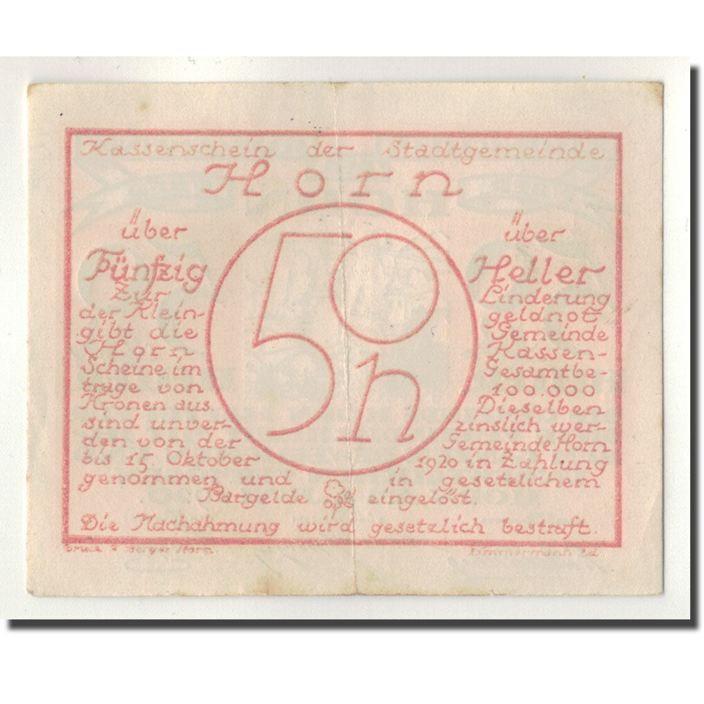 Geldschein, Österreich, Horn, 50 Heller, paysage, 1920, 1920-06-04, UNZ-