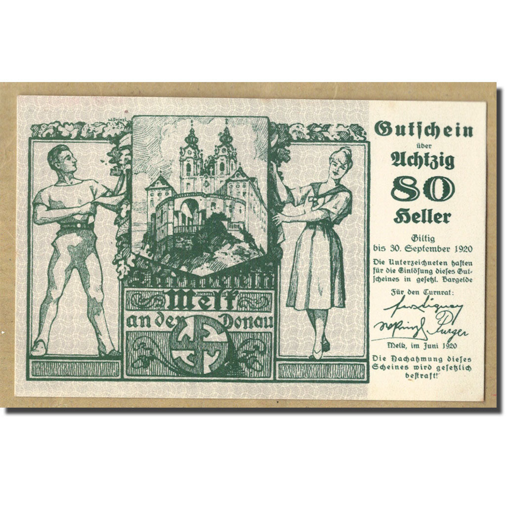 Banknote, Austria, Melk, 80 Heller, château, 1920, 1920-09-30, UNC(63)