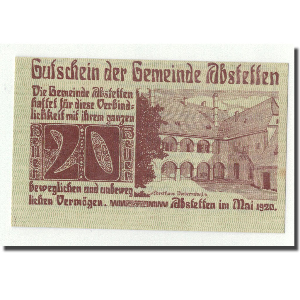 Banknote, Austria, Abstetten, 20 Heller, manoir, 1920, UNC(63), Mehl:2a