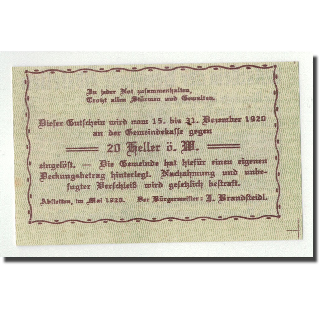Banknote, Austria, Abstetten, 20 Heller, manoir, 1920, UNC(63), Mehl:2a