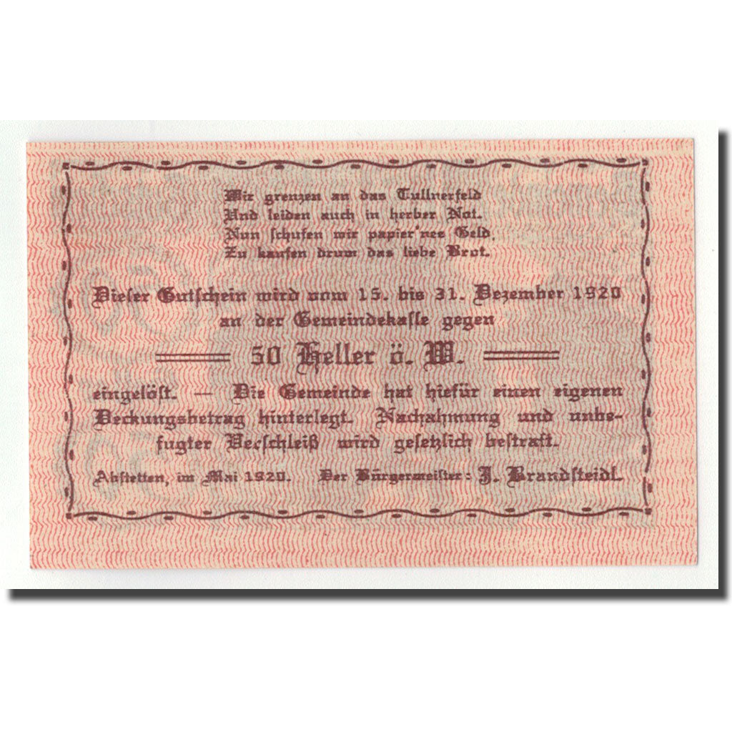 Banknote, Austria, Abstetten, 50 Heller, paysage, 1920, UNC(63), Mehl:2a