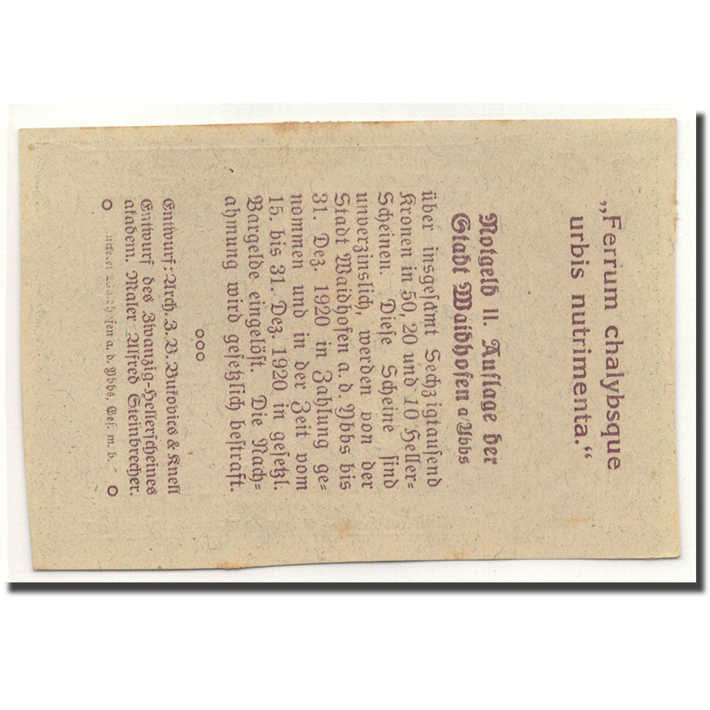 Banknote, Austria, Waidhofen a/d Ybbs, 50 Heller, château, 1920, 1920-02-01