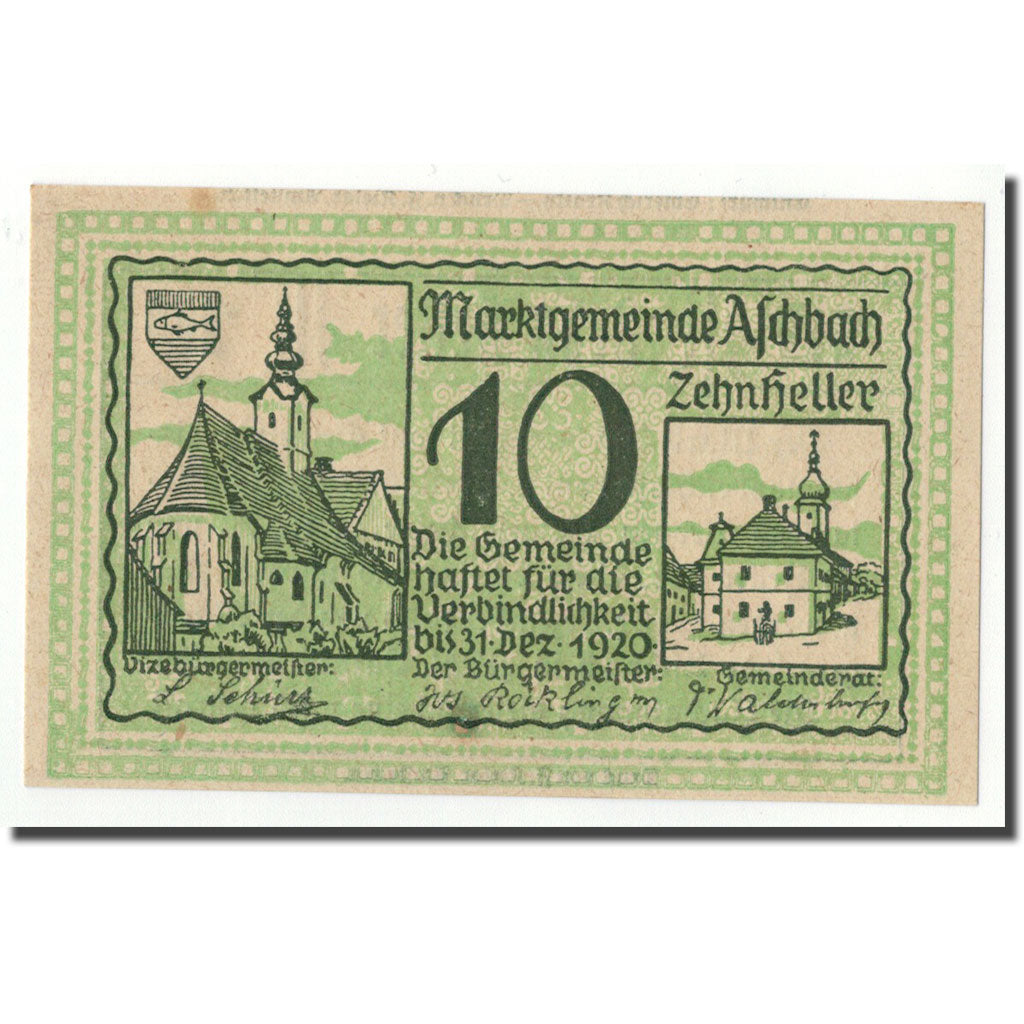Geldschein, Österreich, Aschbach, 10 Heller, Eglise, 1920, 1920-04-08, UNZ-