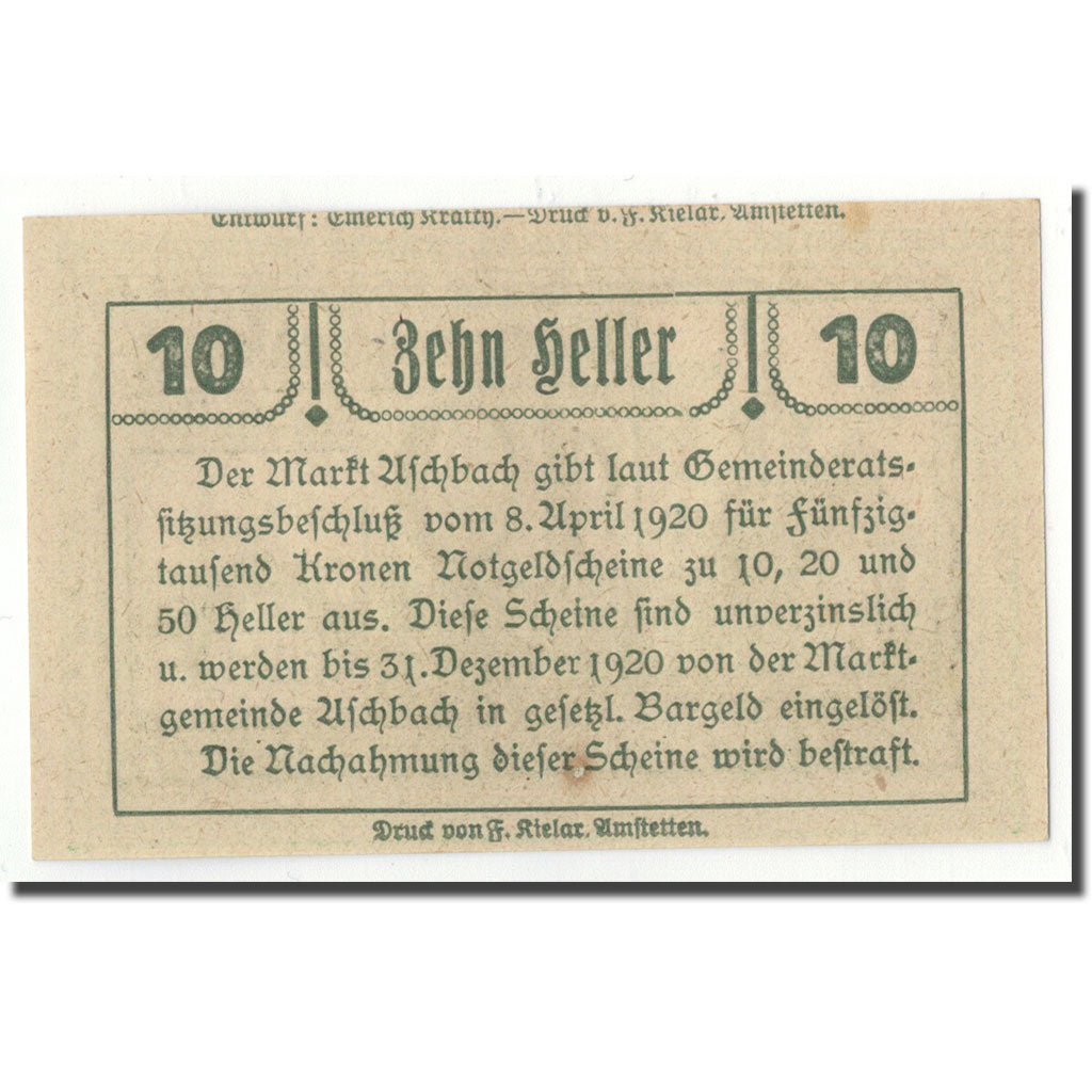 Geldschein, Österreich, Aschbach, 10 Heller, Eglise, 1920, 1920-04-08, UNZ-