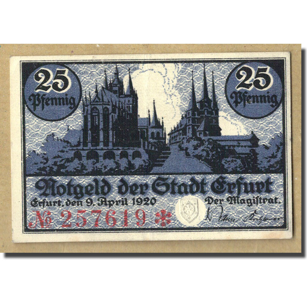 Billet, Allemagne, Erfurt Stadt, 25 Pfennig, Eglise, 1920, 1920-04-09, SPL