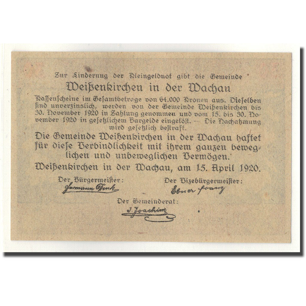 Banknote, Austria, Weissenkircher in der Wachau, 30 Heller, ruelle, 1920