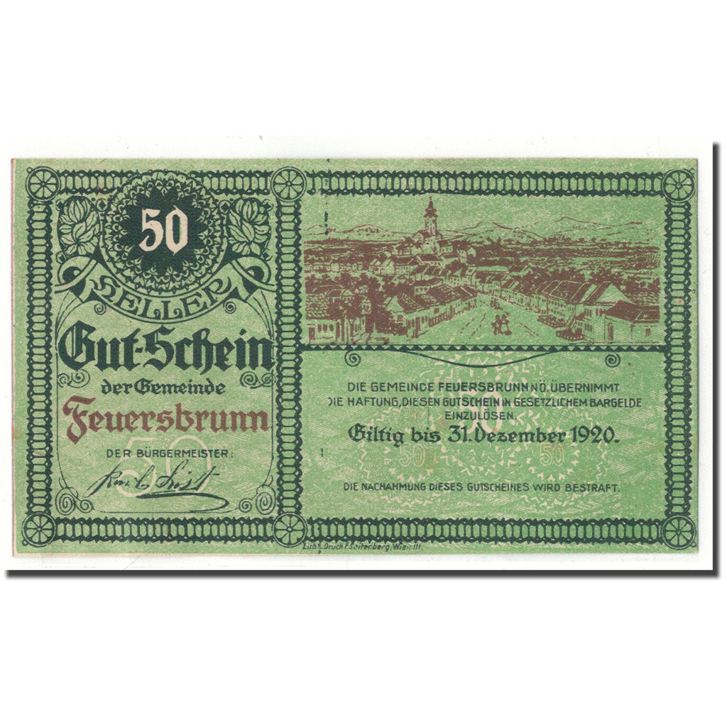 Geldschein, Österreich, Feuersbrunn, 50 Heller, paysage, 1920, 1920-12-31