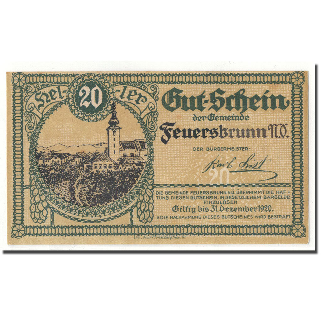 Geldschein, Österreich, Feuersbrunn, 20 Heller, paysage, 1920, 1920-12-31