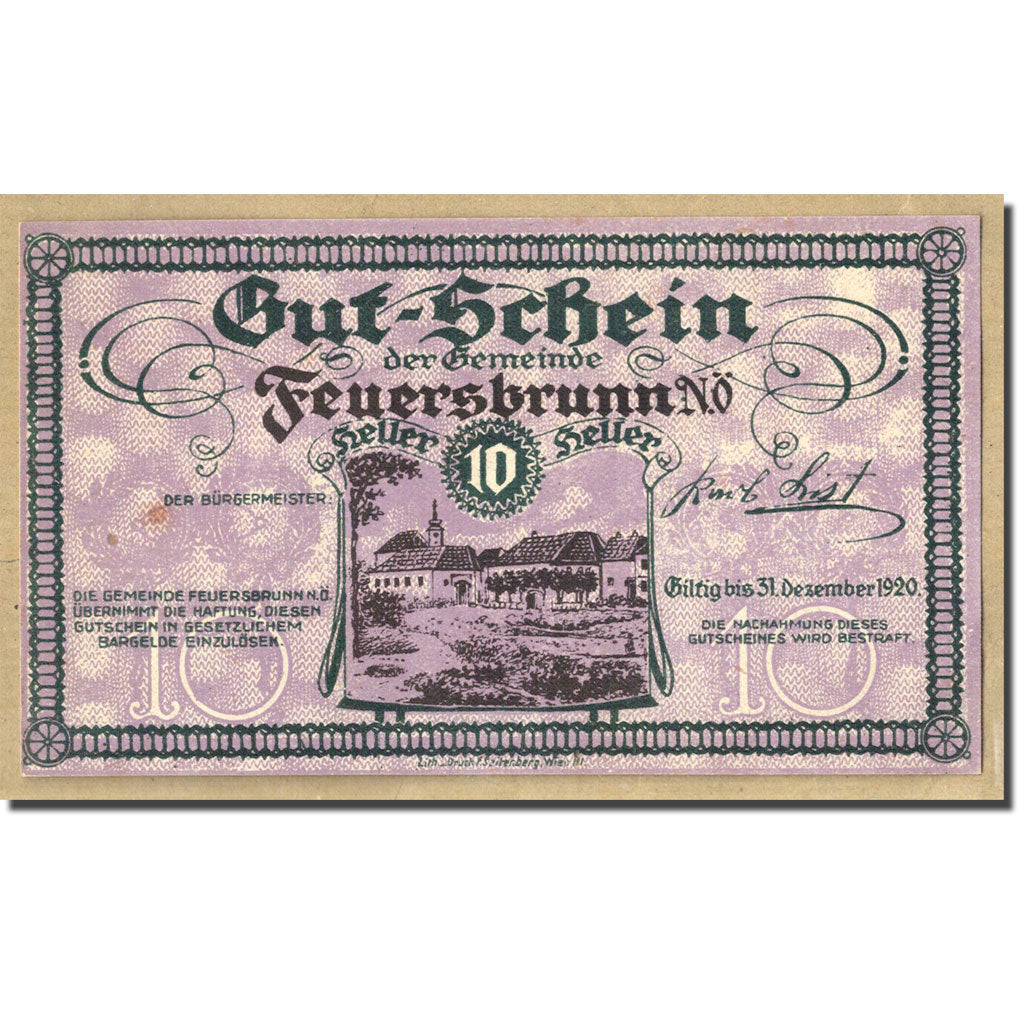 Geldschein, Österreich, Feuersbrunn, 10 Heller, paysage, 1920, 1920-12-31