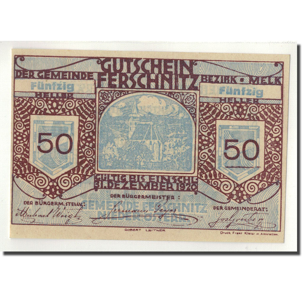 Geldschein, Österreich, Ferschnitz, 50 Heller, Eglise, 1920, 1920-04-05, UNZ-
