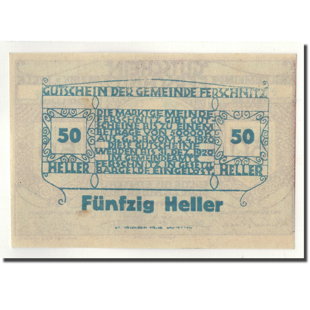 Geldschein, Österreich, Ferschnitz, 50 Heller, Eglise, 1920, 1920-04-05, UNZ-