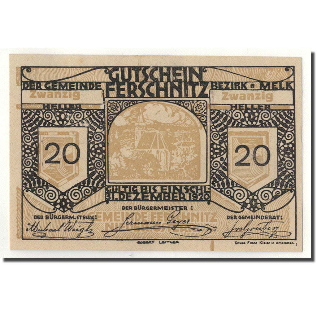 Geldschein, Österreich, Ferschnitz, 20 Heller, Eglise, 1920, 1920-04-05, UNZ-
