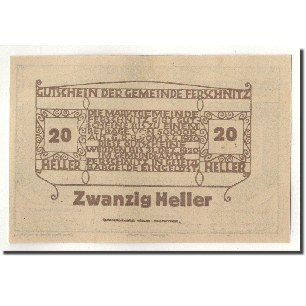 Geldschein, Österreich, Ferschnitz, 20 Heller, Eglise, 1920, 1920-04-05, UNZ-