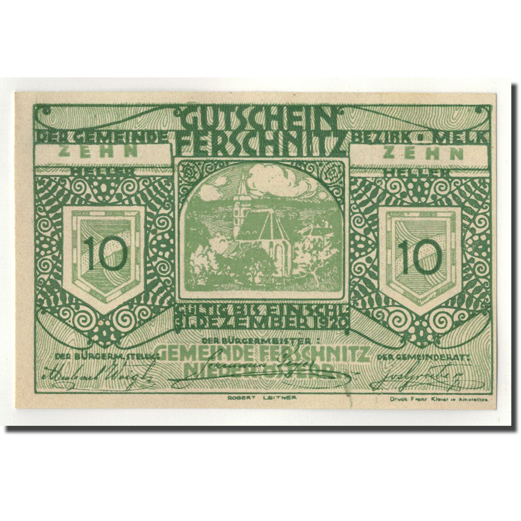 Geldschein, Österreich, Ferschnitz, 10 Heller, Eglise, 1920, 1920-04-05, UNZ-