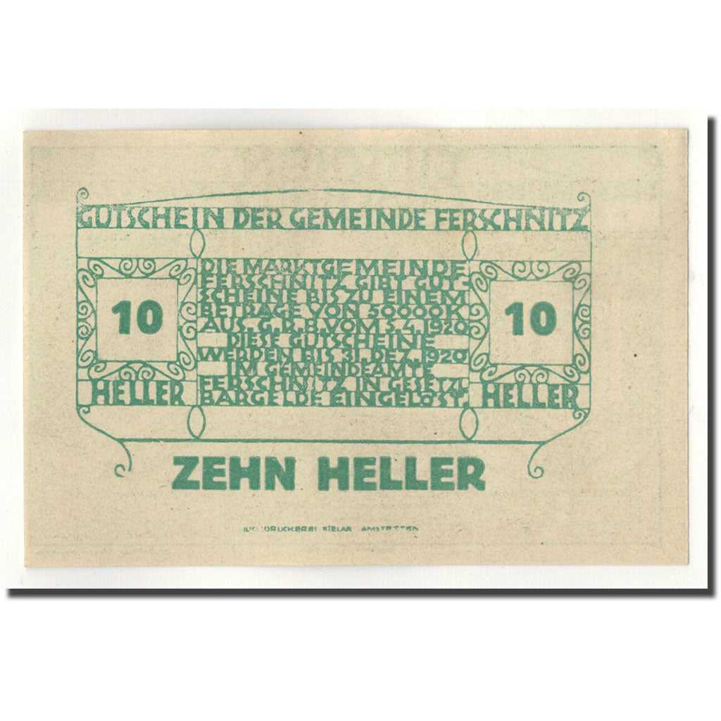 Geldschein, Österreich, Ferschnitz, 10 Heller, Eglise, 1920, 1920-04-05, UNZ-