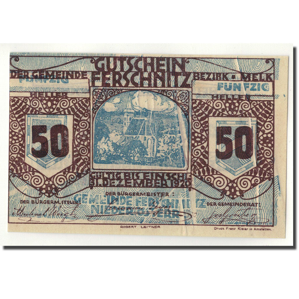 Geldschein, Österreich, Ferschnitz, 50 Heller, Eglise, 1920, 1920-04-05, UNZ-