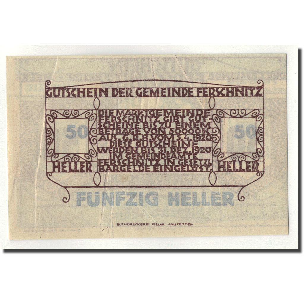 Geldschein, Österreich, Ferschnitz, 50 Heller, Eglise, 1920, 1920-04-05, UNZ-