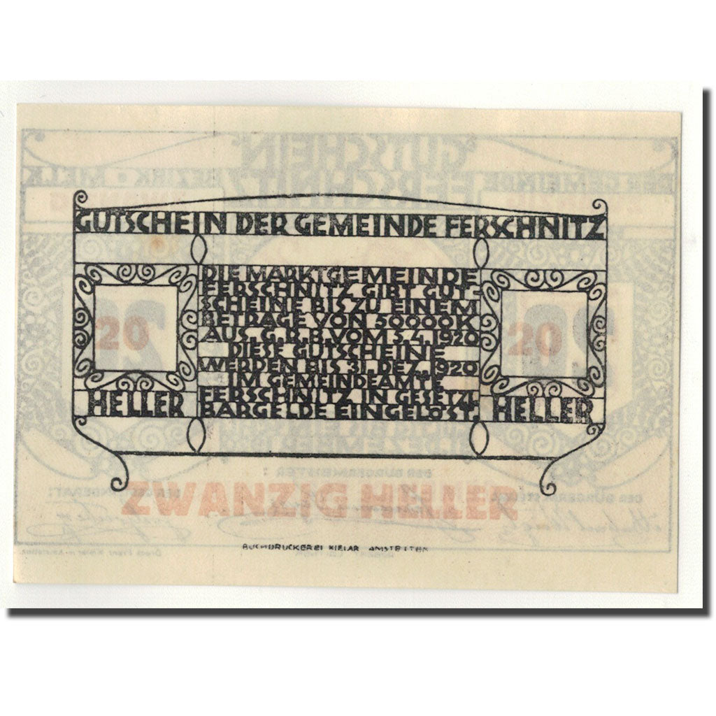 Geldschein, Österreich, Ferschnitz, 20 Heller, Eglise, 1920, 1920-04-05, UNZ-