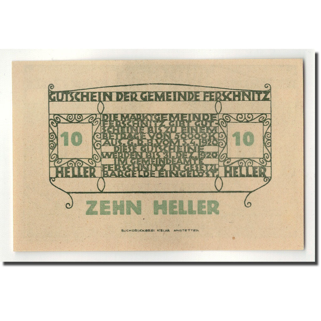 Geldschein, Österreich, Ferschnitz, 10 Heller, Eglise, 1920, 1920-04-05, UNZ-