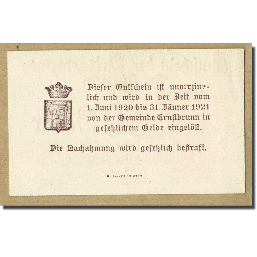 Banknote, Austria, Ernstbrunn, 50 Heller, Ecusson, 1920, 1920-06-01, UNC(63)