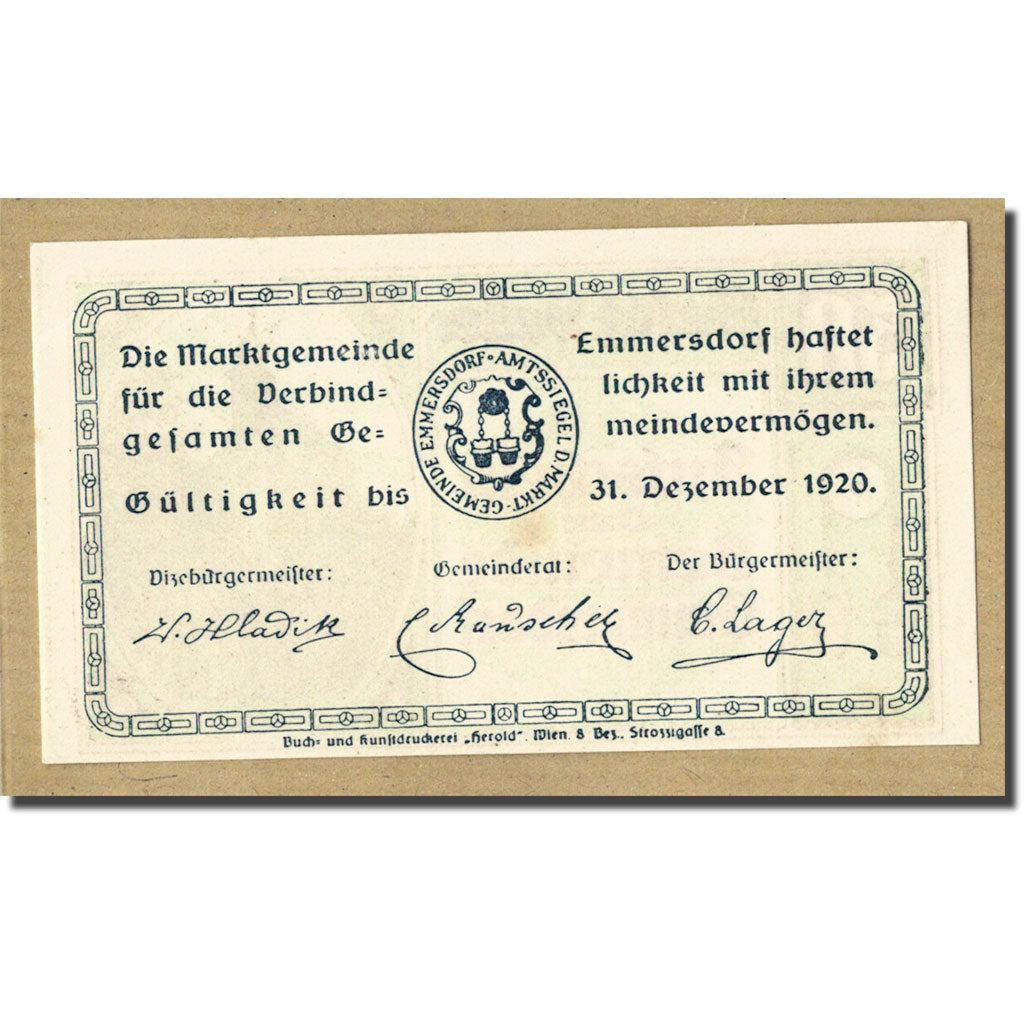 Geldschein, Österreich, Emmersdorf an der Donau, 50 Heller, paysage, 1920