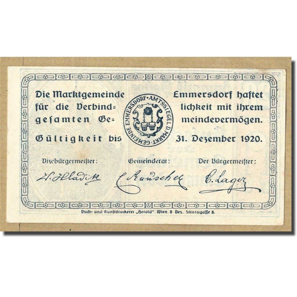 Geldschein, Österreich, Emmersdorf an der Donau, 20 Heller, paysage, 1920