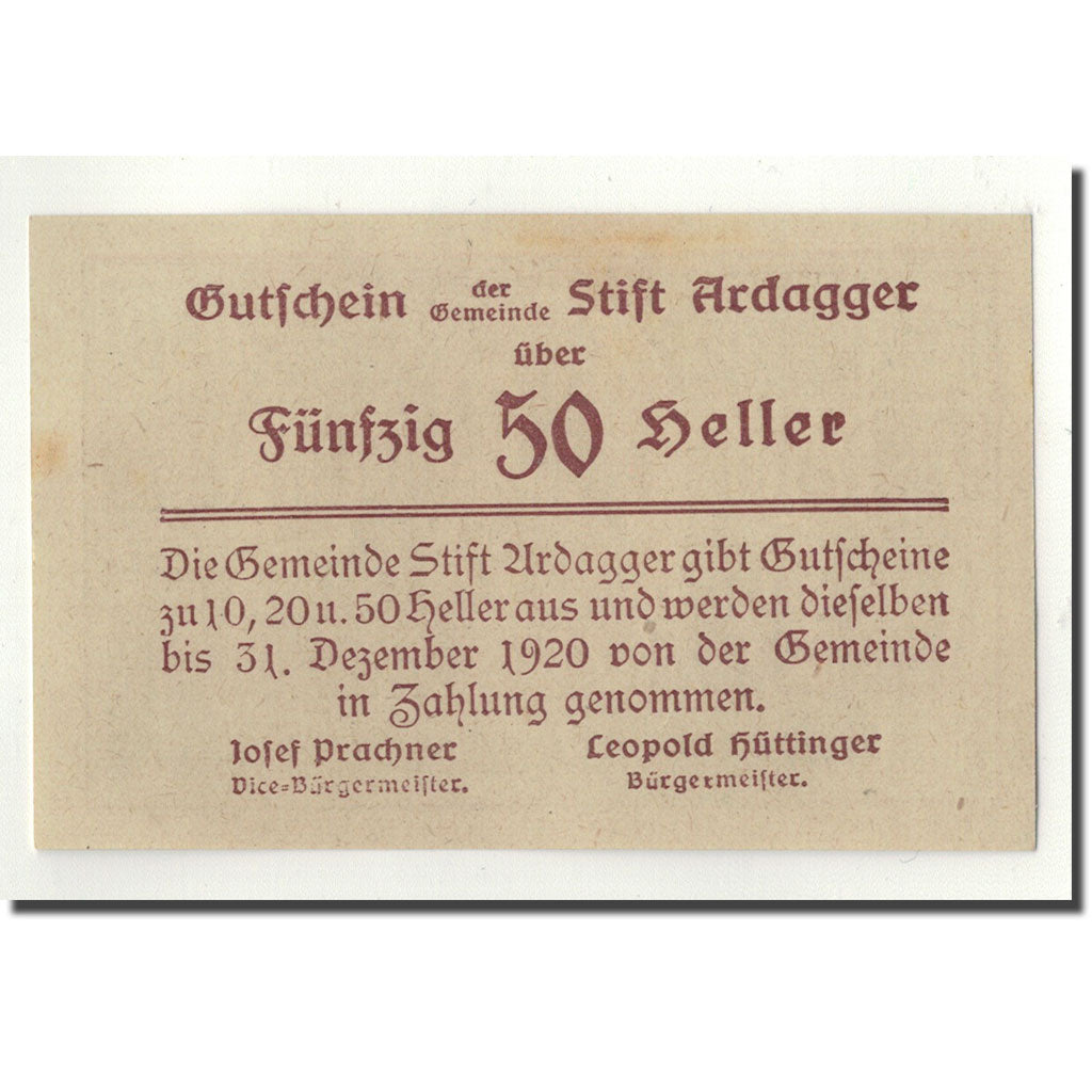 Geldschein, Österreich, Ardagger, 50 Heller, Eglise, 1920, 1920-12-30, UNZ-
