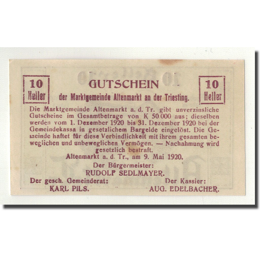 Geldschein, Österreich, Altenmarkt, 10 Heller, paysage, 1920, 1920-05-09, UNZ-