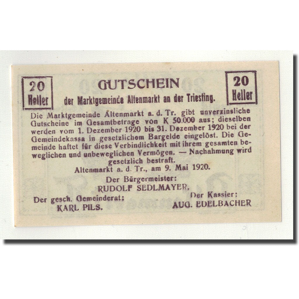 Geldschein, Österreich, Altenmarkt, 20 Heller, paysage, 1920, 1920-05-09, UNZ-