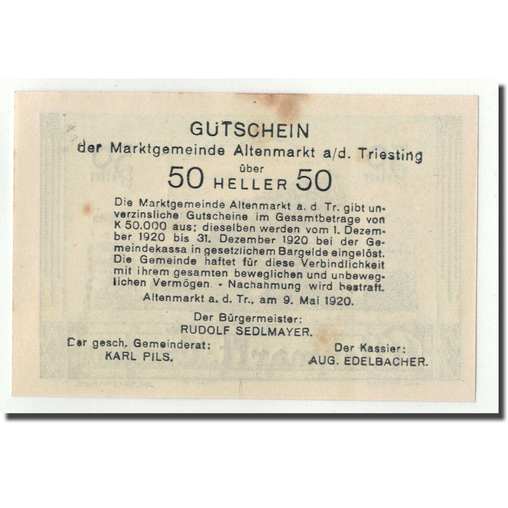 Geldschein, Österreich, Altenmarkt, 50 Heller, paysage, 1920, 1920-05-09, UNZ-