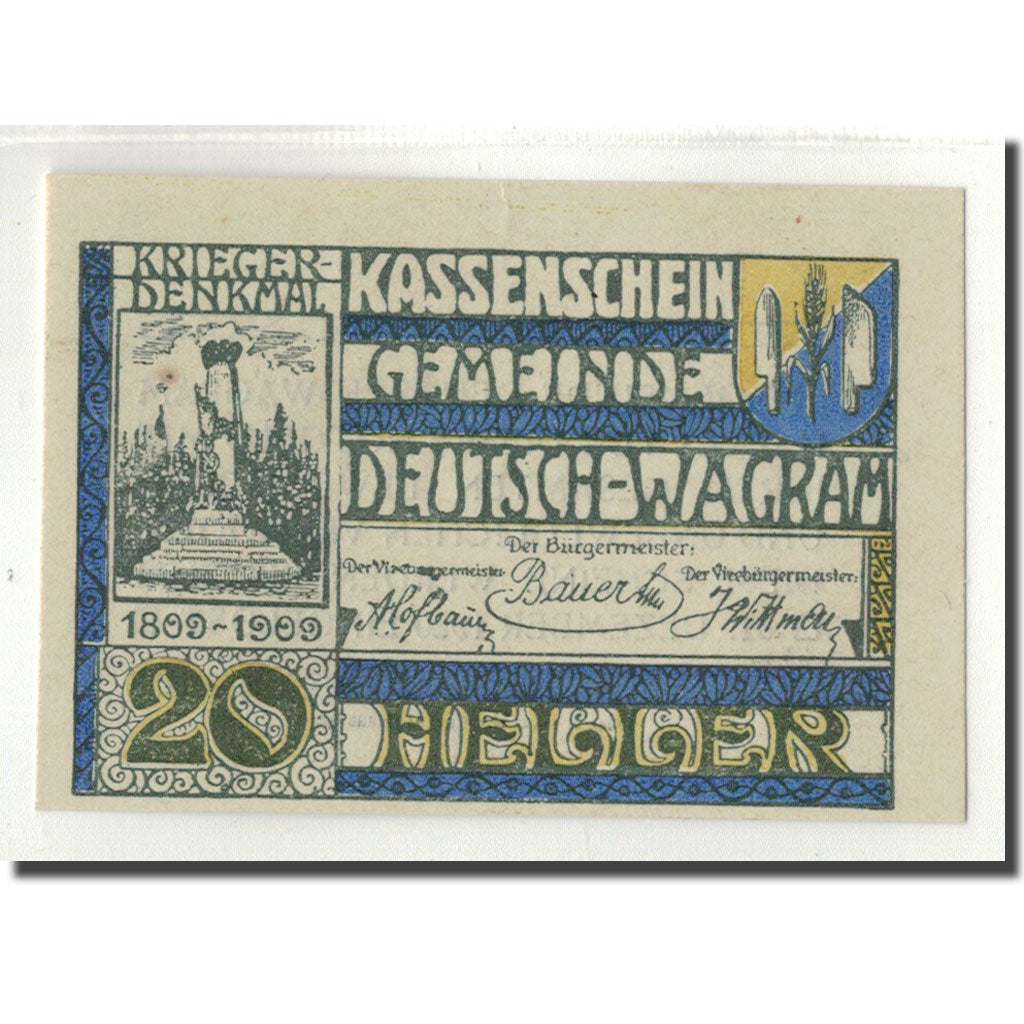 Banknote, Austria, Deutsch-Wagram, 20 Heller, Monument, UNC(63), Mehl:121a