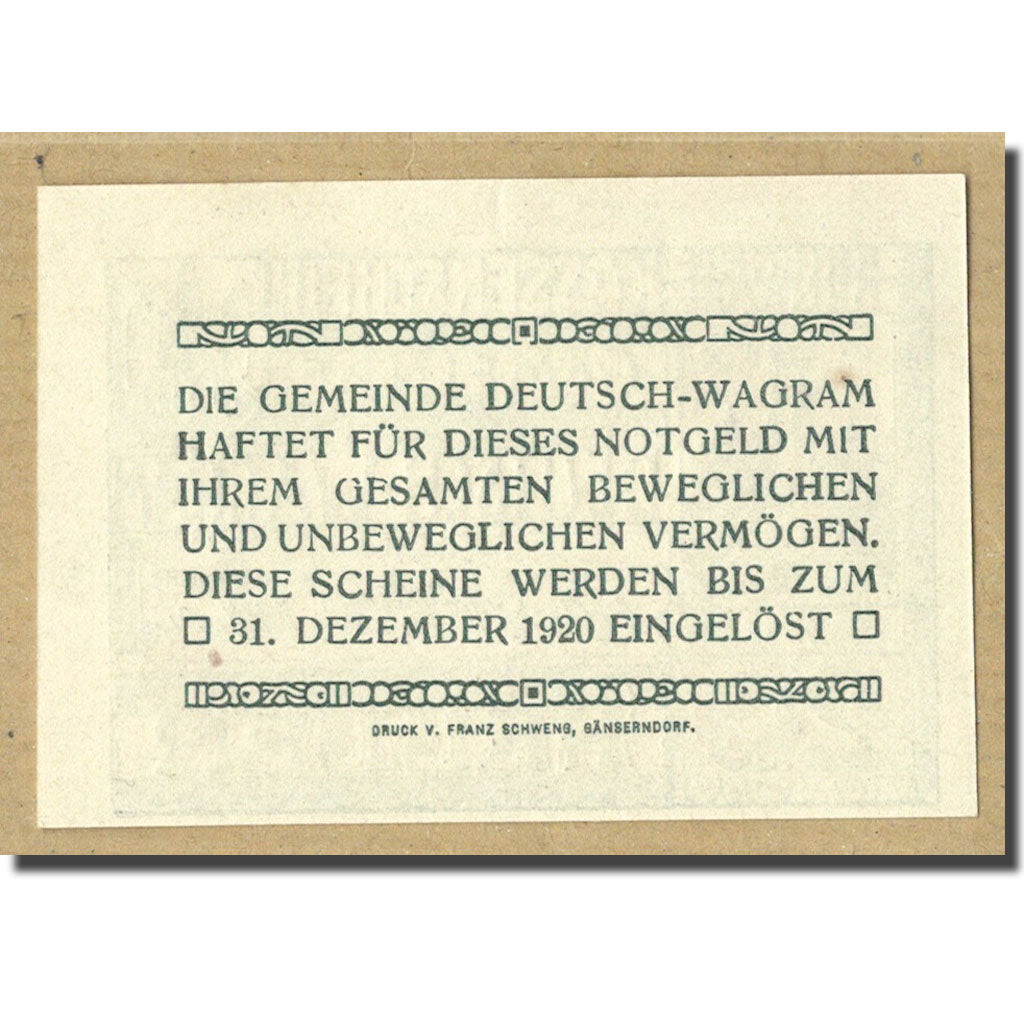Banknote, Austria, Deutsch-Wagram, 20 Heller, Monument, UNC(63), Mehl:121a